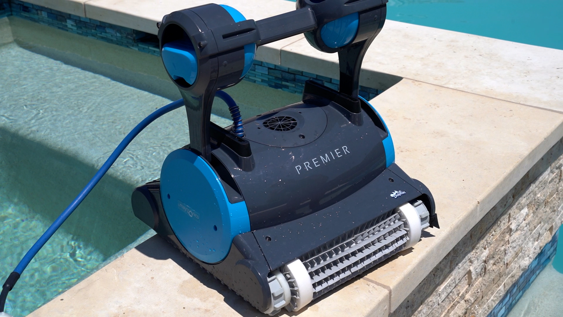 Dolphin Premier Waterline Cleaning Top Down From Outside Pool