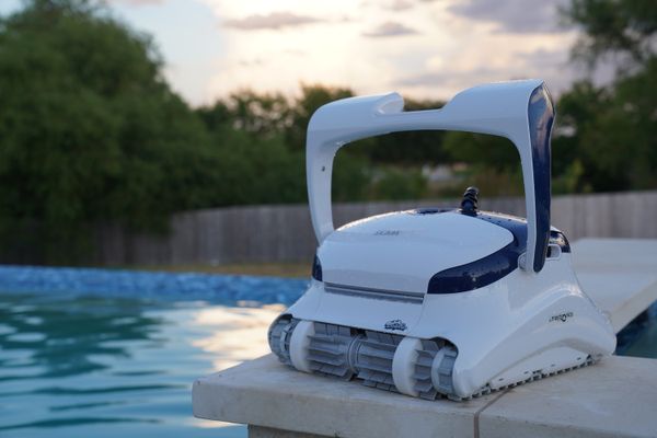 Dolphin Sigma resting on a pool ledge against a blue sky