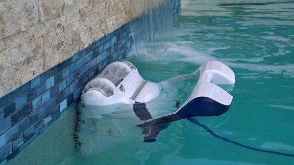 Dolphin Sigma climbing blue tile near a waterfall