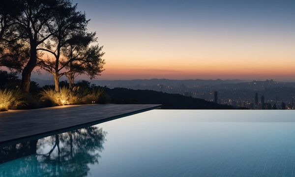 Swimming Pool with Sunset Overlooking City