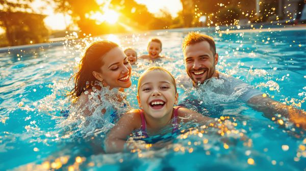 Family playing in an inground swimming pool