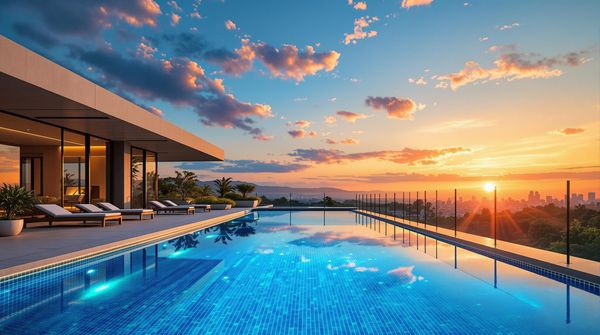 Tile inground swimming pool with sunset