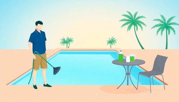 Man Cleaning Pool In Tropical Setting